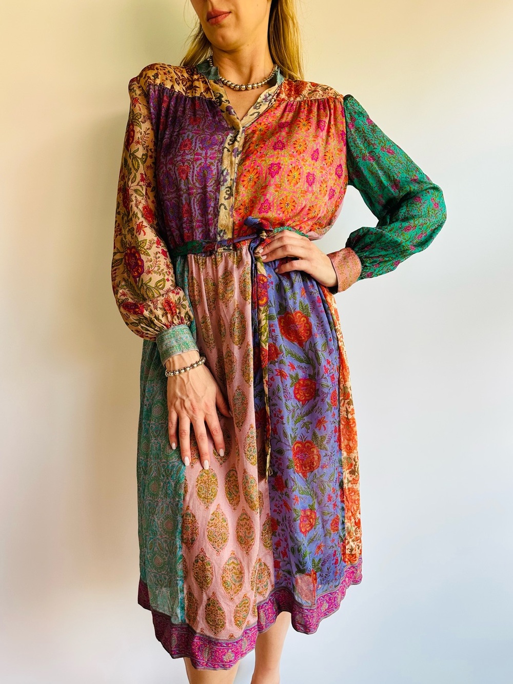 Vintage Judith Ann For Heiser-Egan 100% Silk Patchwork Boho Midi Dress Tie Waist - Picture 3 of 10